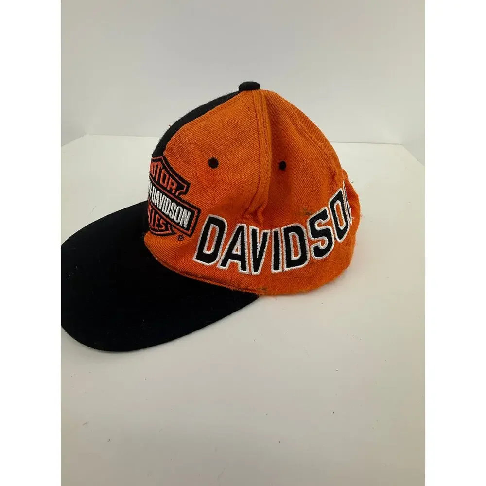 Harley Davidson Vintage 90s Snapback Hat Distressed Biker Orange Black Wool READ